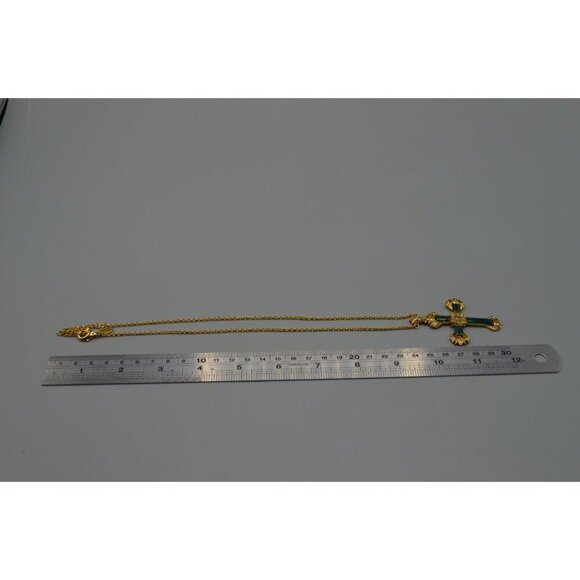 Ciro Thailand Gold Tone Cross Pendant Necklace w/ Green Inlay 19" Chain - Picture 9 of 9